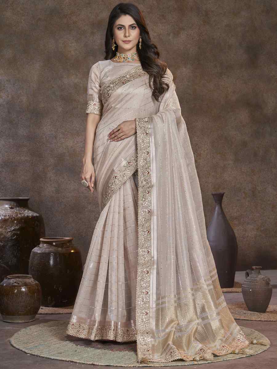 Cream Top Dyed Silk Embroidered Wedding Festival Heavy Border Saree