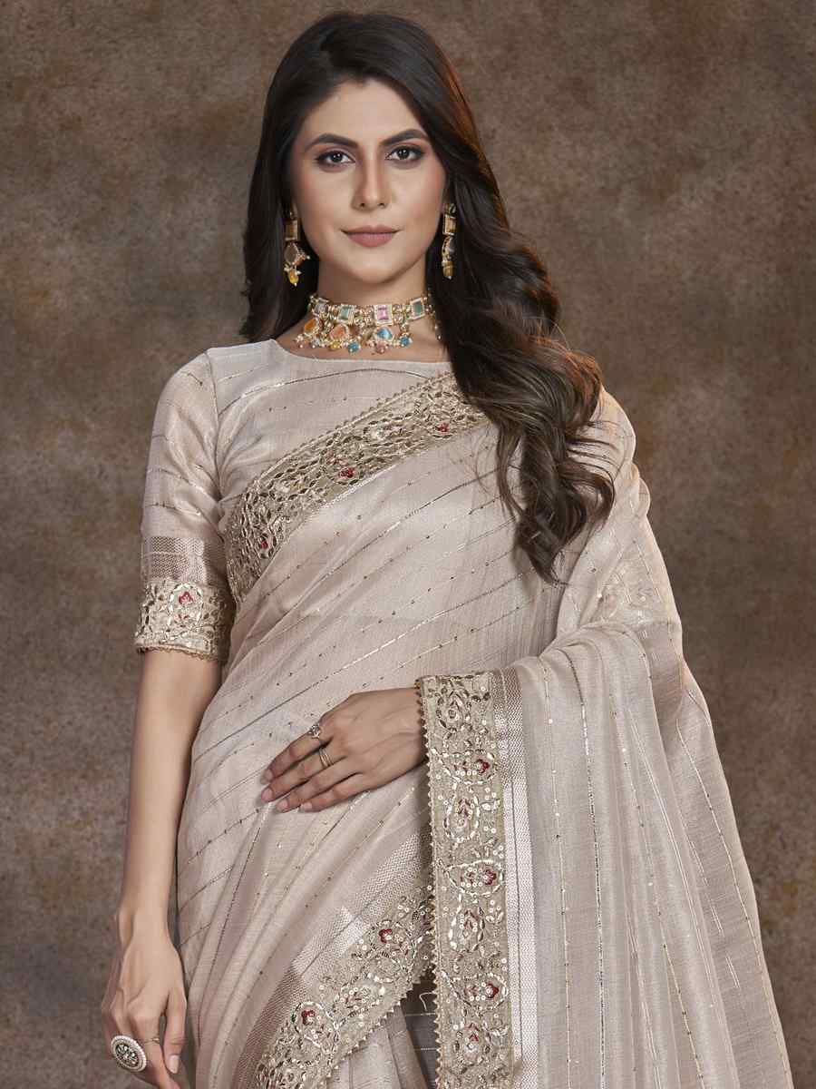 Cream Top Dyed Silk Embroidered Wedding Festival Heavy Border Saree