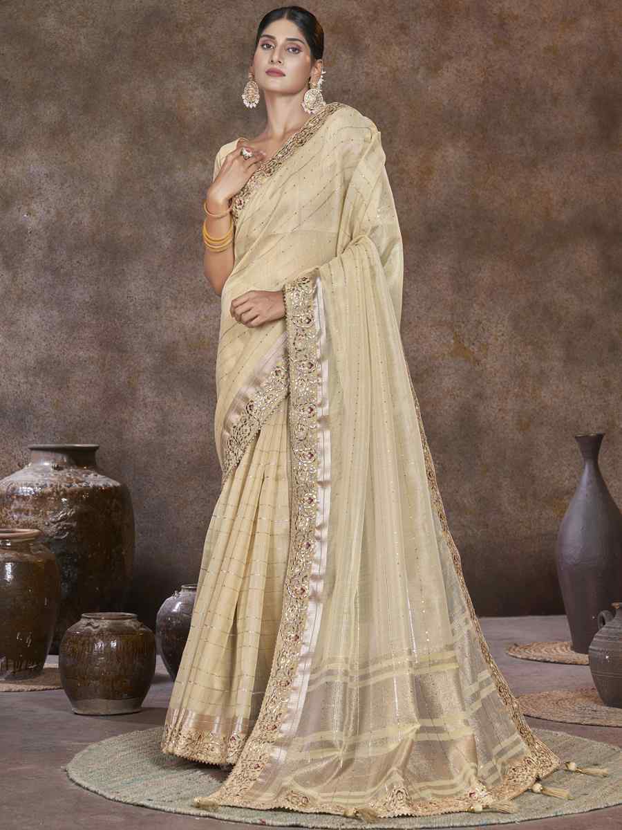 Cream Top Dyed Silk Embroidered Wedding Festival Heavy Border Saree