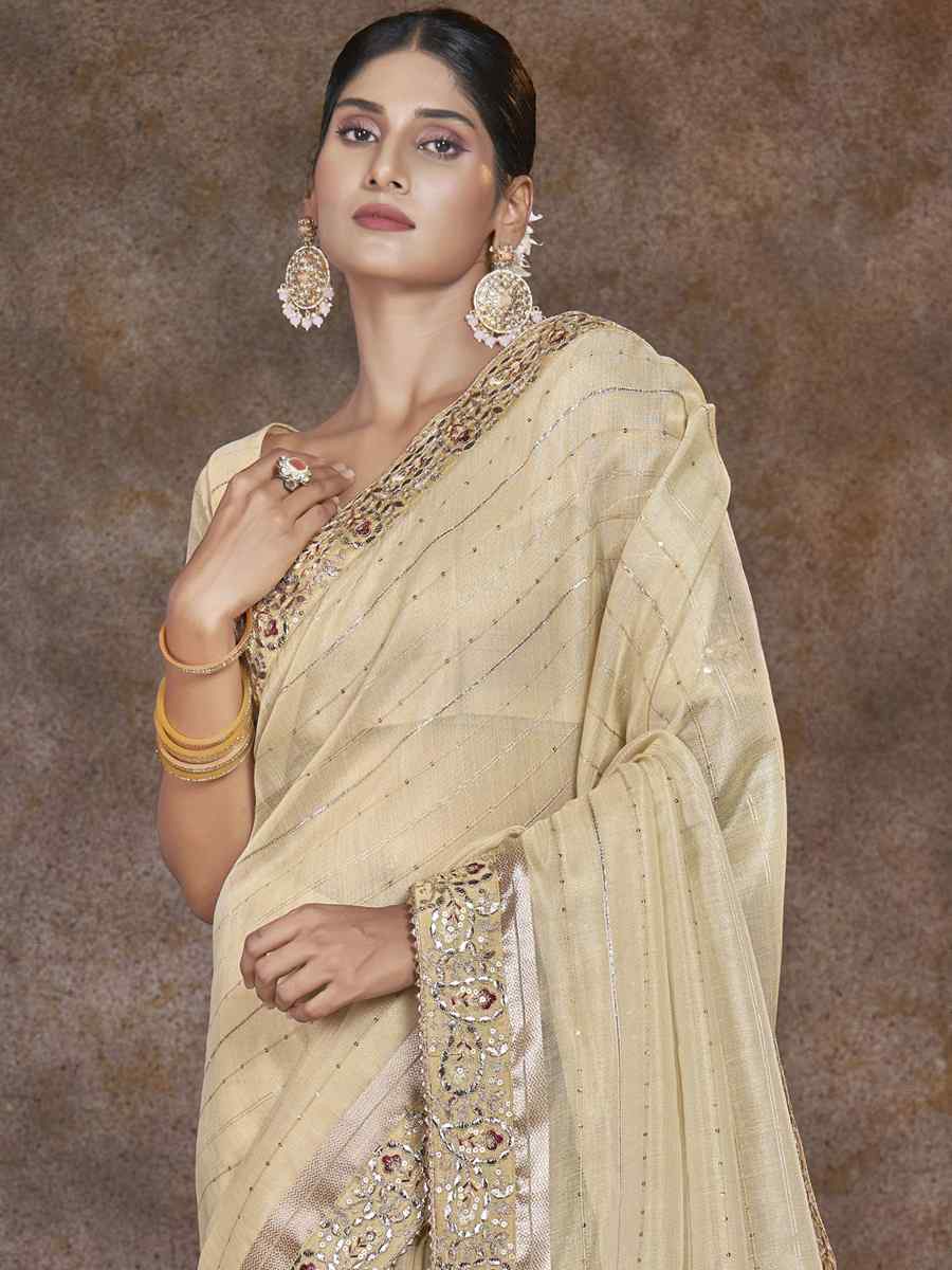 Cream Top Dyed Silk Embroidered Wedding Festival Heavy Border Saree