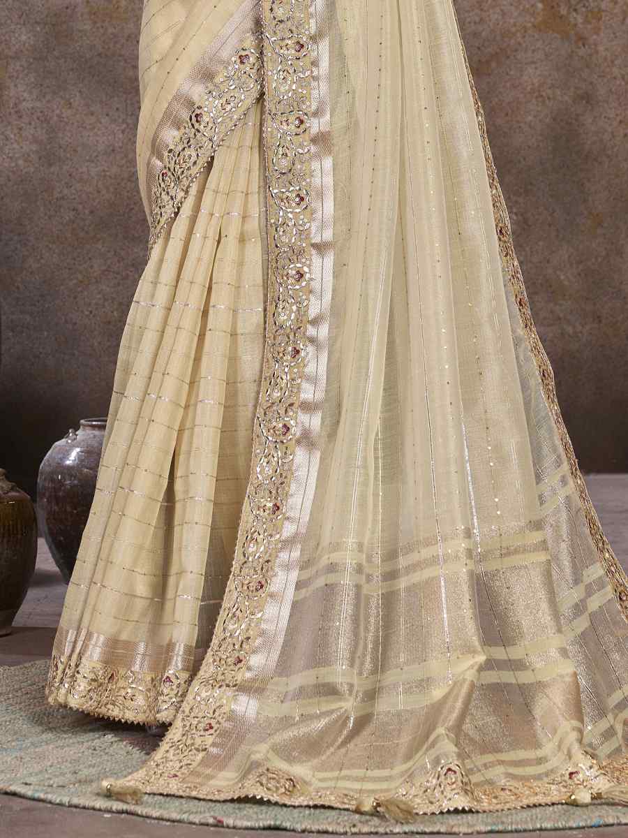 Cream Top Dyed Silk Embroidered Wedding Festival Heavy Border Saree