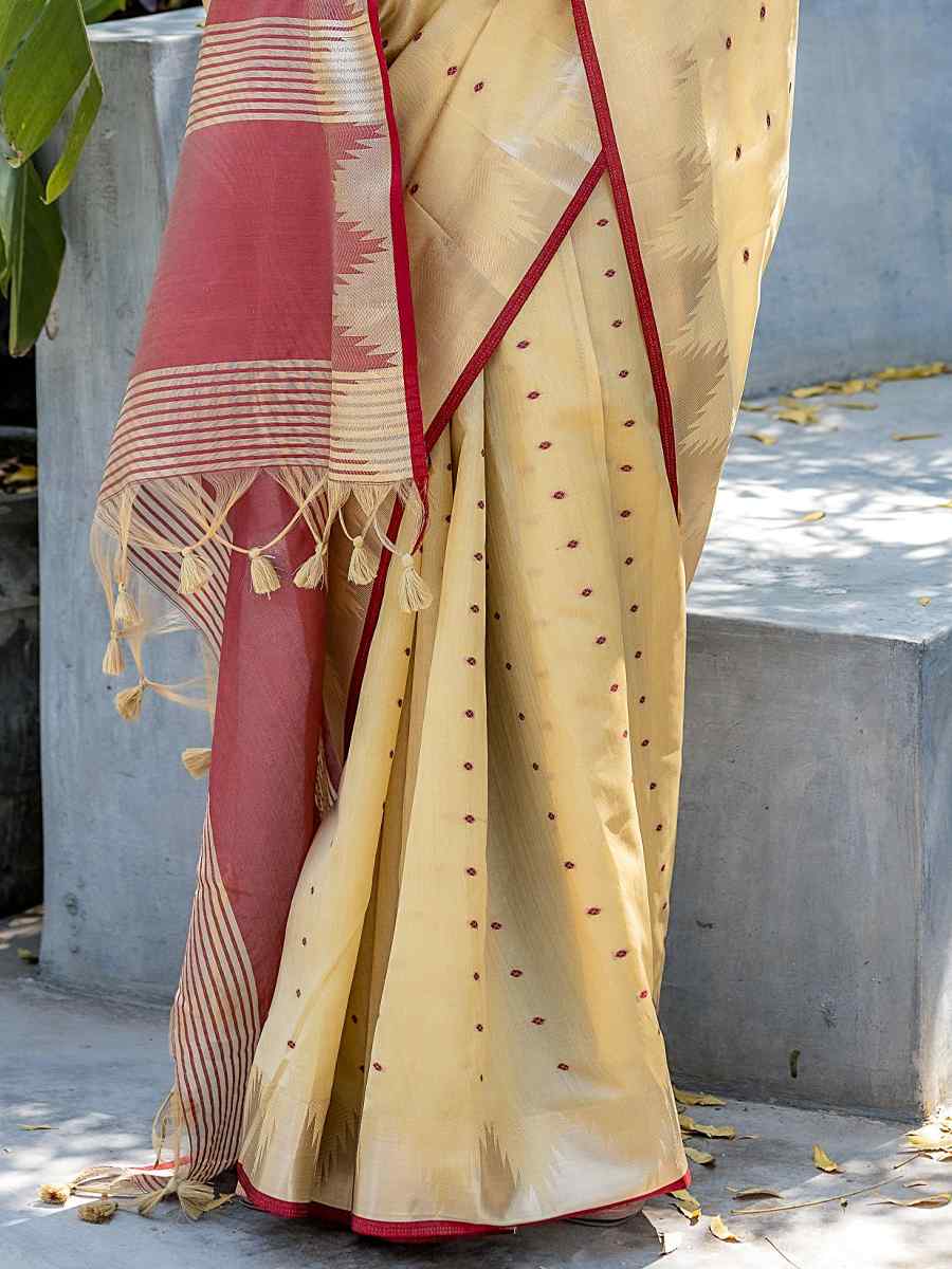 Cream Tussar Silk Handwoven Festival Casual Classic Style Saree