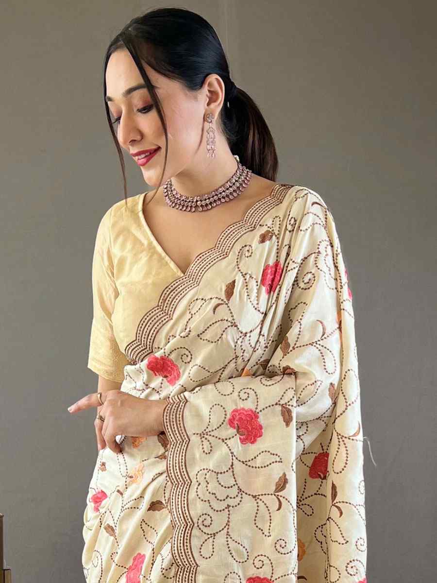 Cream Tussar Silk Handwoven Wedding Festival Heavy Border Saree