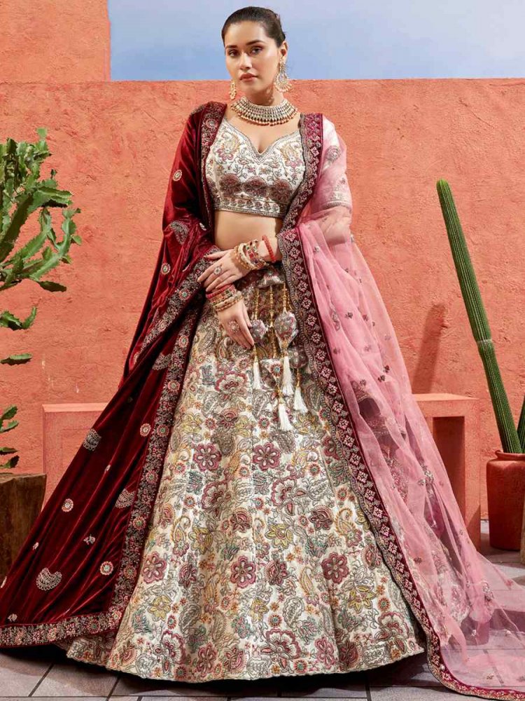 Buy Maroon Velvet Dupatta Net Embroidery V Neck Bridal Lehenga Set For  Women by Vvani by Vani Vats Online at Aza Fashions.