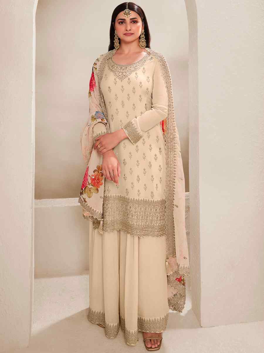 Cream Viscose Chinon Embroidered Festival Wedding Palazzo Pant Salwar Kameez