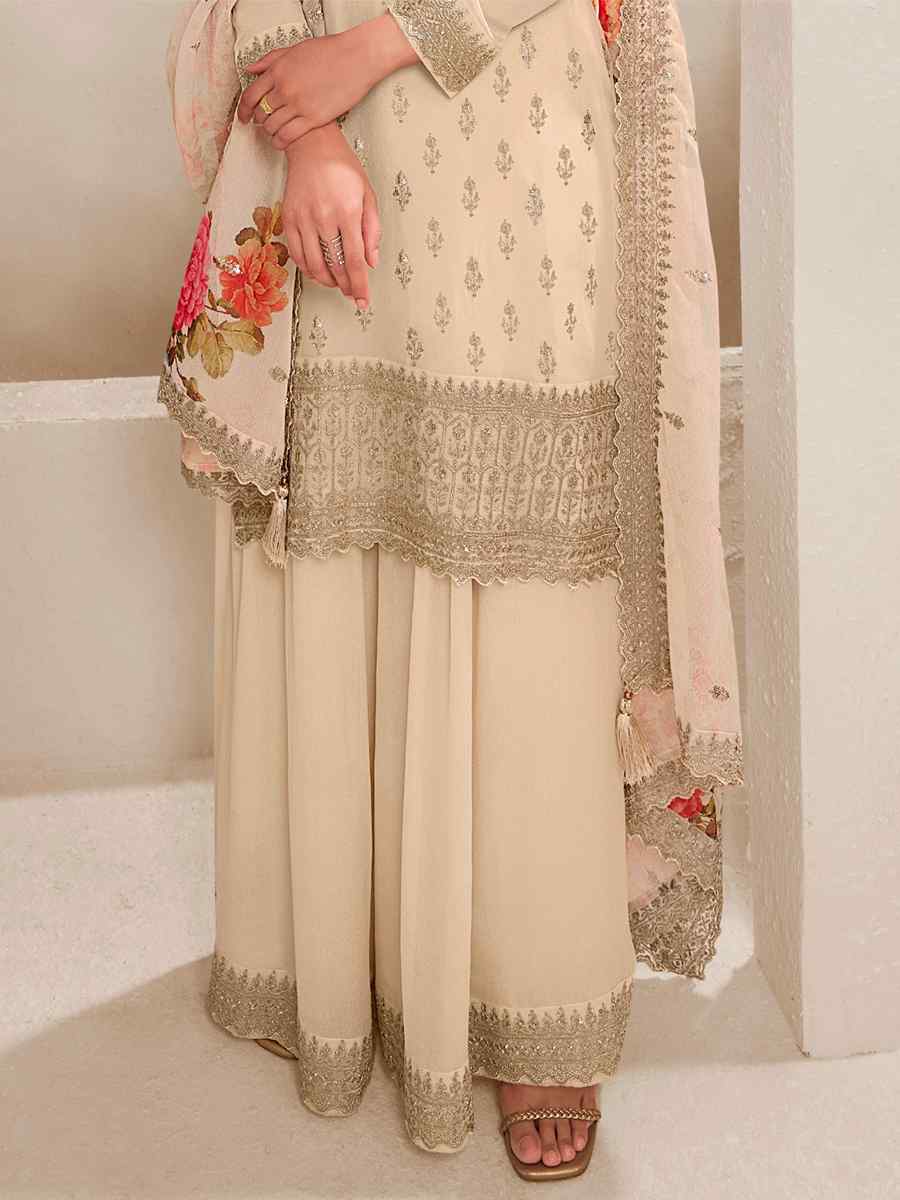 Cream Viscose Chinon Embroidered Festival Wedding Palazzo Pant Salwar Kameez