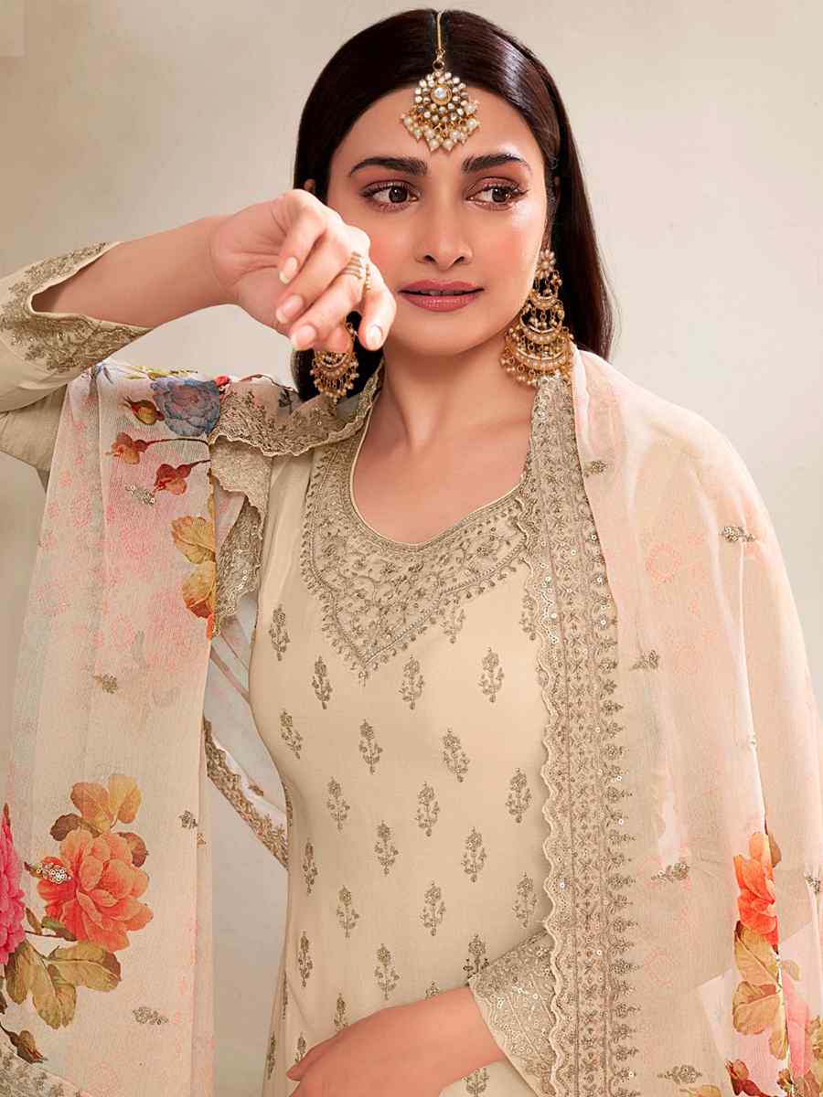 Cream Viscose Chinon Embroidered Festival Wedding Palazzo Pant Salwar Kameez