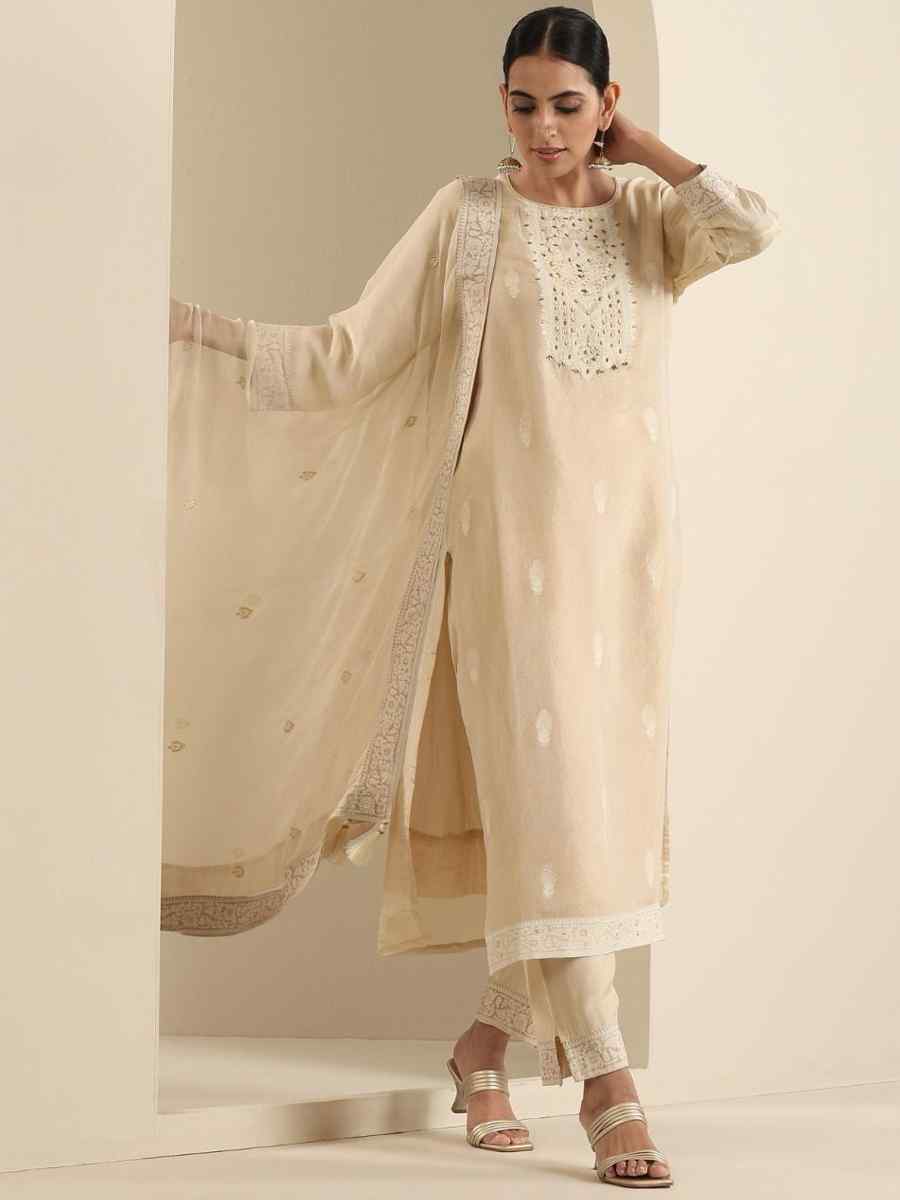 Cream Viscose Jacquard Embroidered Festival Mehendi Ready Pant Salwar Kameez