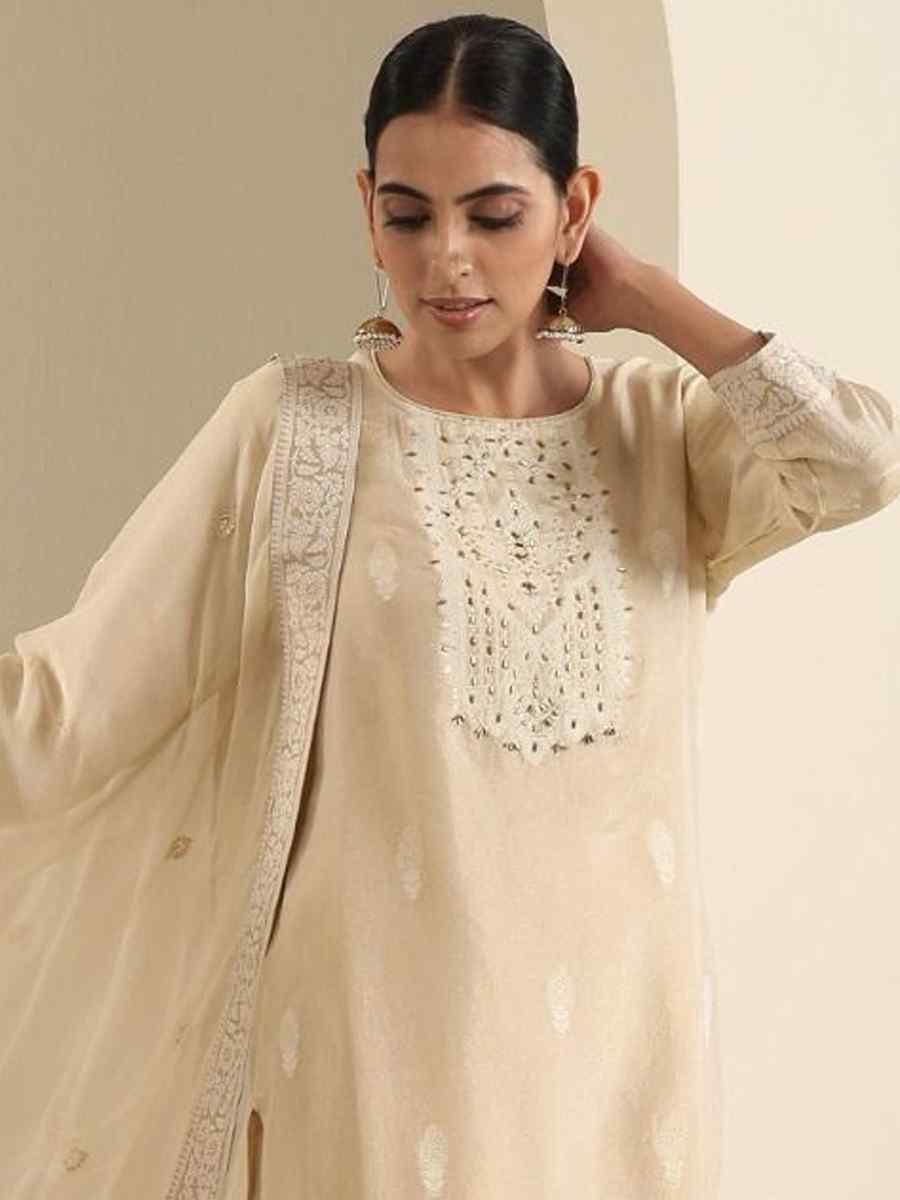 Cream Viscose Jacquard Embroidered Festival Mehendi Ready Pant Salwar Kameez