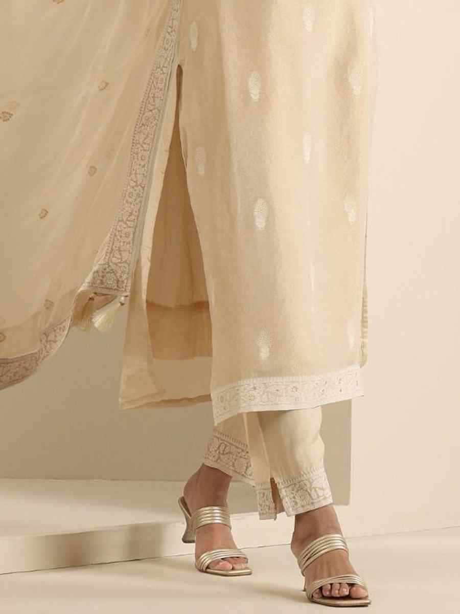 Cream Viscose Jacquard Embroidered Festival Mehendi Ready Pant Salwar Kameez