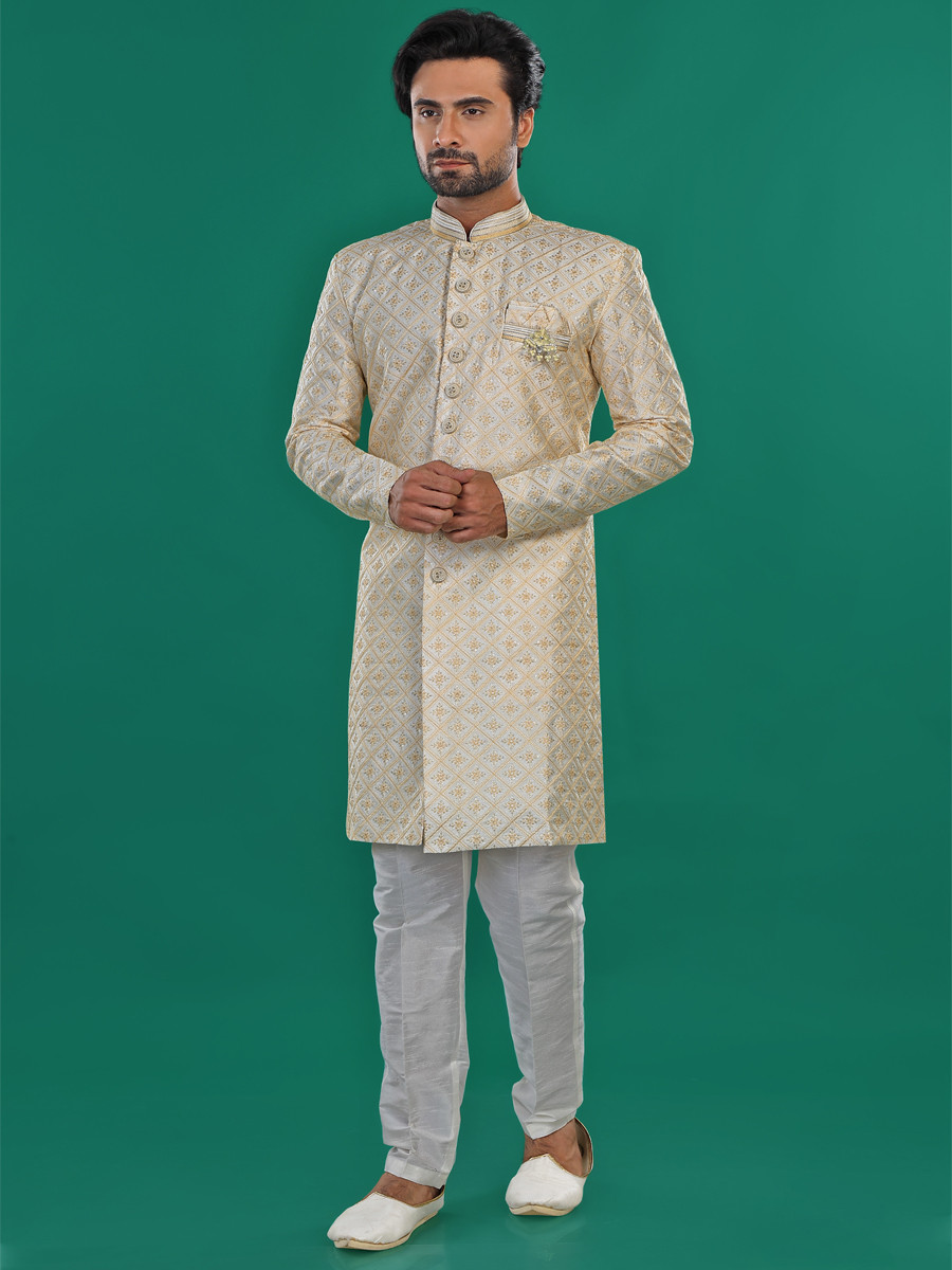 Cream Yellow Art Silk Embroidered Party Wedding Kurta