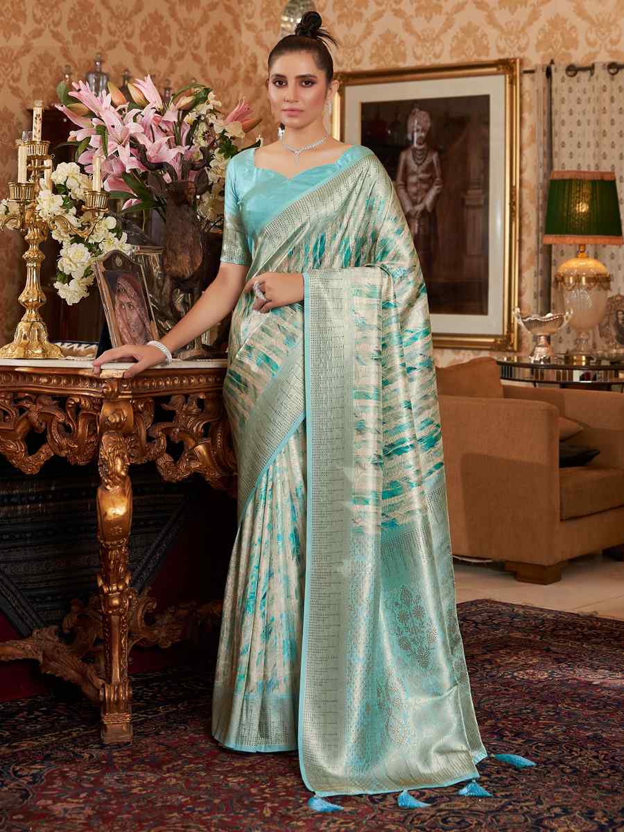 Cream+Sky Blue Soft Silk Handwoven Wedding Festival Heavy Border Saree