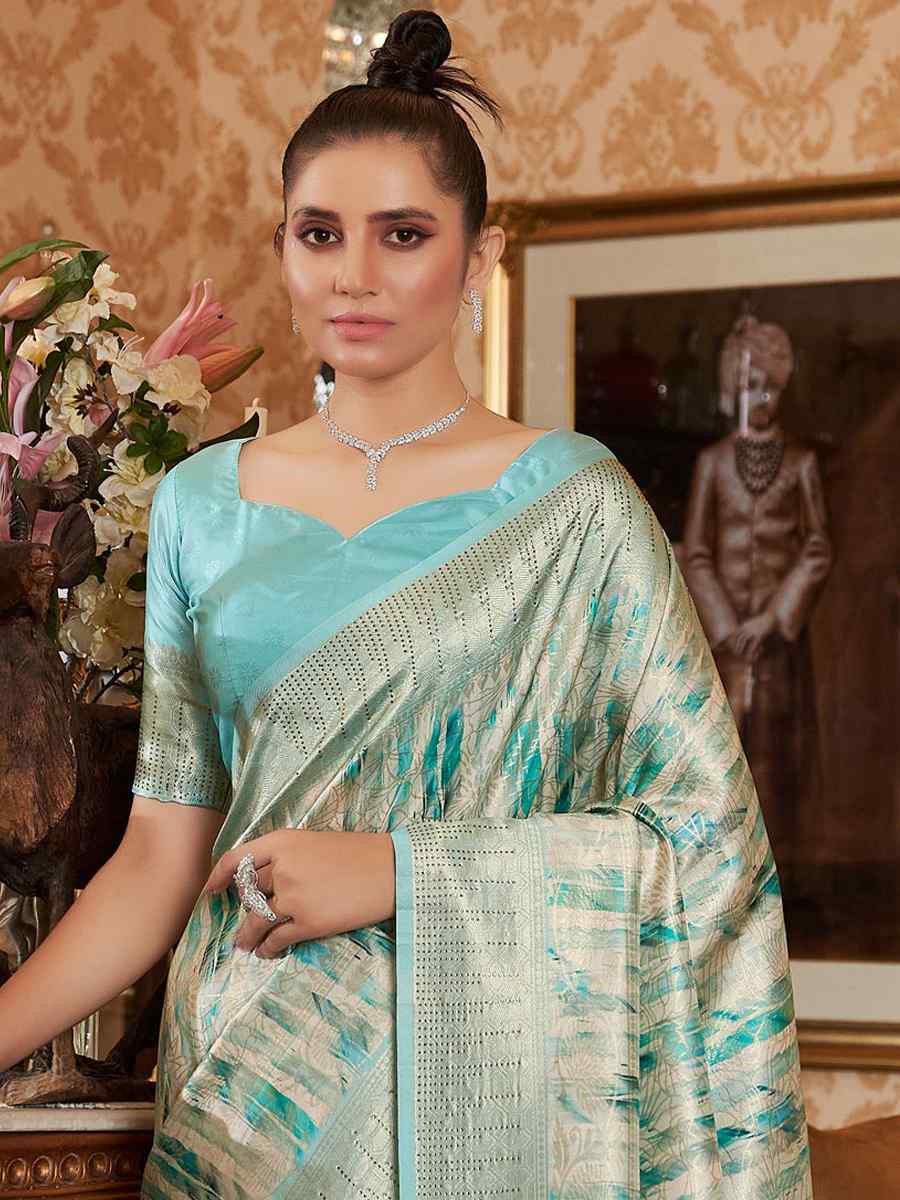 Cream+Sky Blue Soft Silk Handwoven Wedding Festival Heavy Border Saree