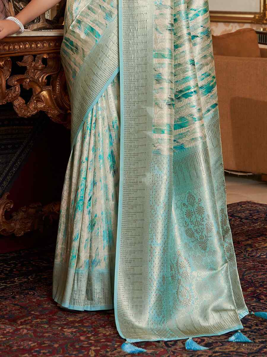 Cream+Sky Blue Soft Silk Handwoven Wedding Festival Heavy Border Saree