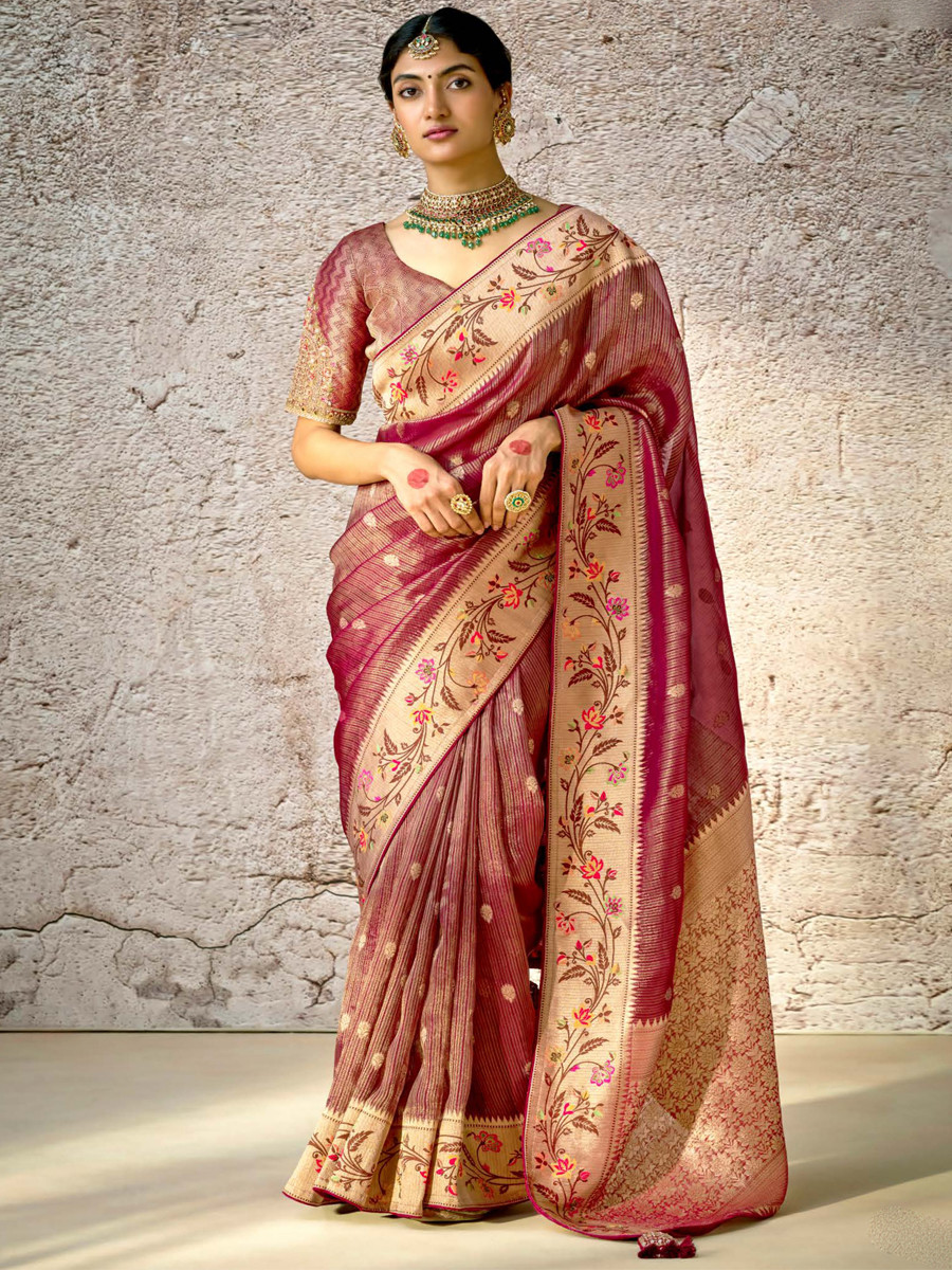 Crush Wine Banarasi Silk Embroidered Reception Wedding Heavy Border Saree