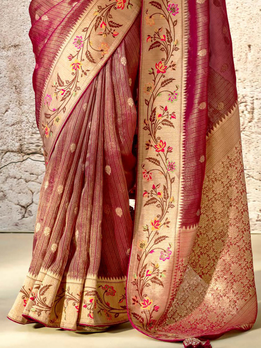 Crush Wine Banarasi Silk Embroidered Reception Wedding Heavy Border Saree