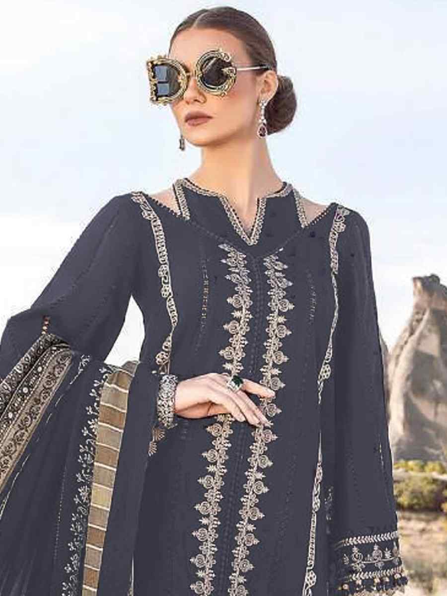 Dark Blue Faux Georgette Embroidered Festival Casual Pant Salwar Kameez