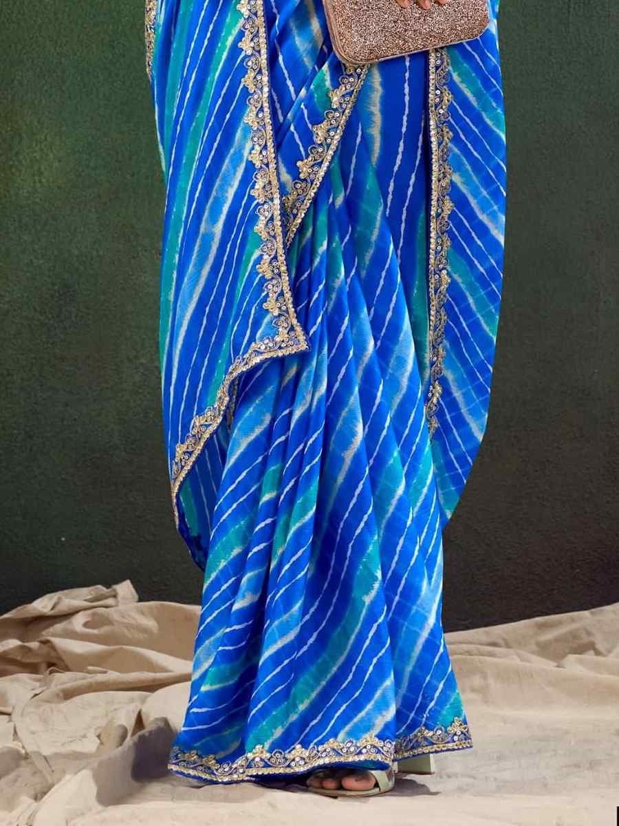 Dark Blue Pure Chiffon Embroidered Festival Wedding Classic Style Saree