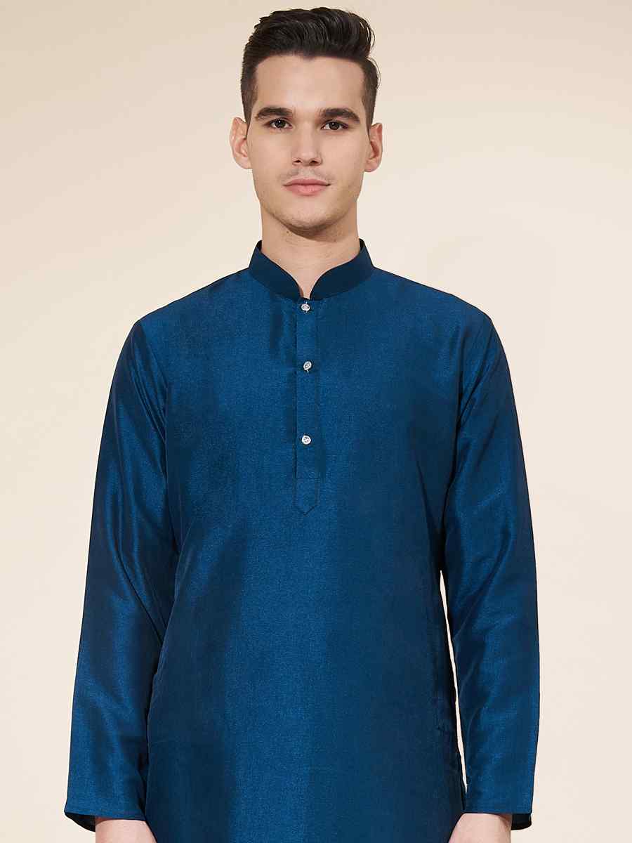 Dark Blue Pure Silk Plain Festival Casual Kurta