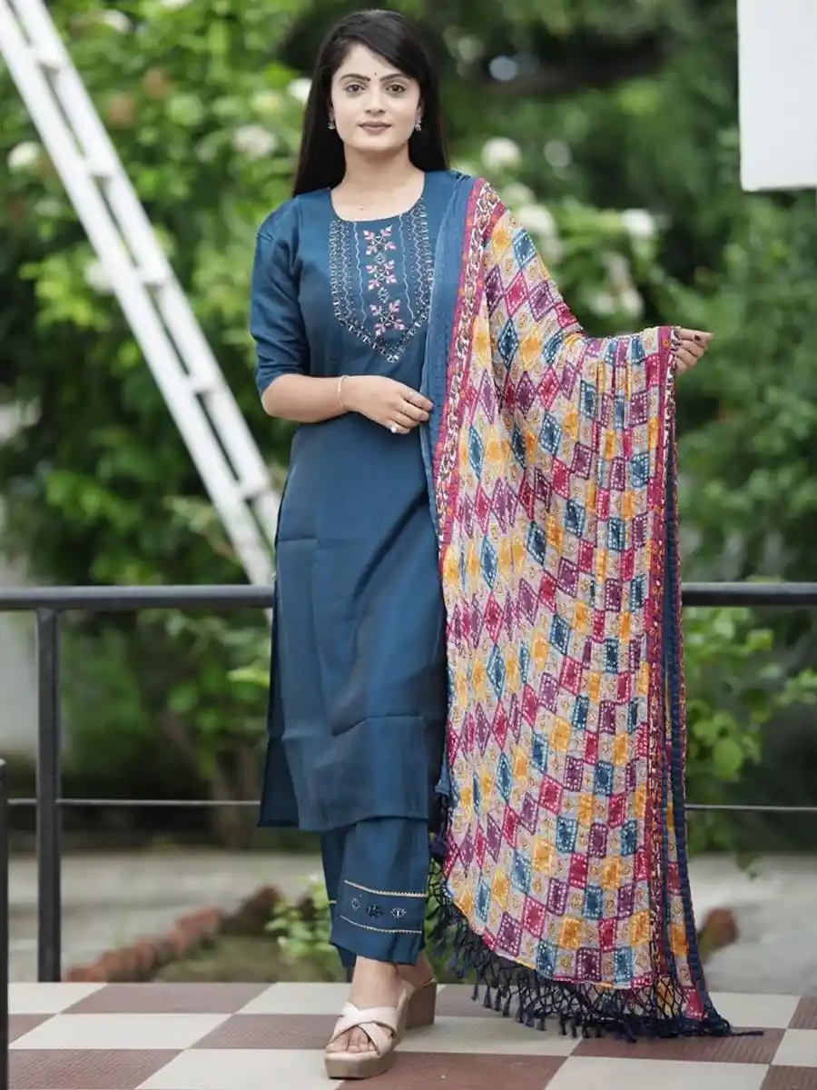 Dark Blue Roman Silk Embroidered Festival Casual Ready Pant Salwar Kameez