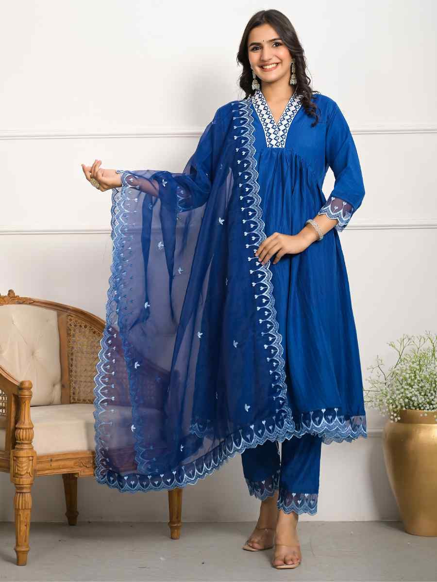 Dark Blue Viscose Embroidered Festival Wedding Pant Salwar Kameez