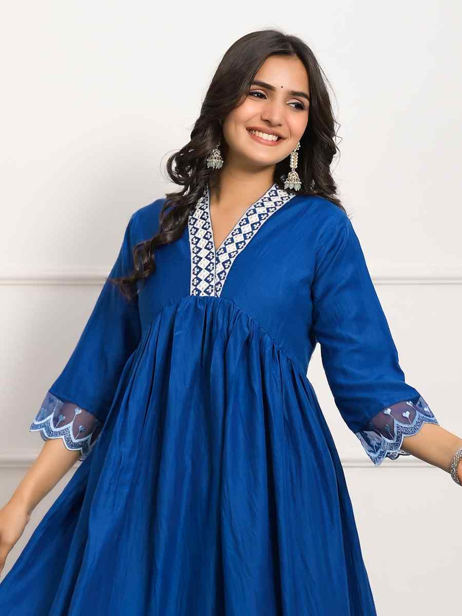 Dark Blue Viscose Embroidered Festival Wedding Pant Salwar Kameez