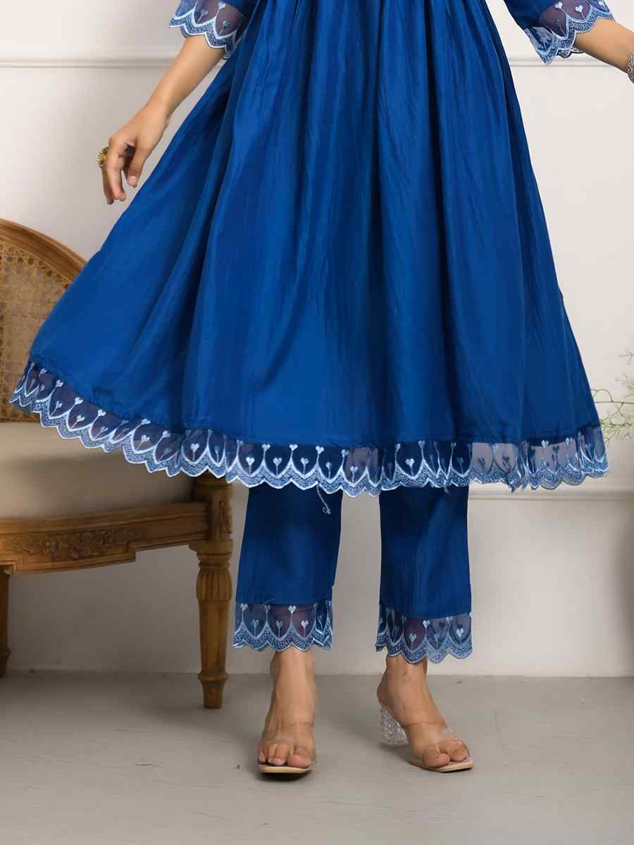 Dark Blue Viscose Embroidered Festival Wedding Pant Salwar Kameez