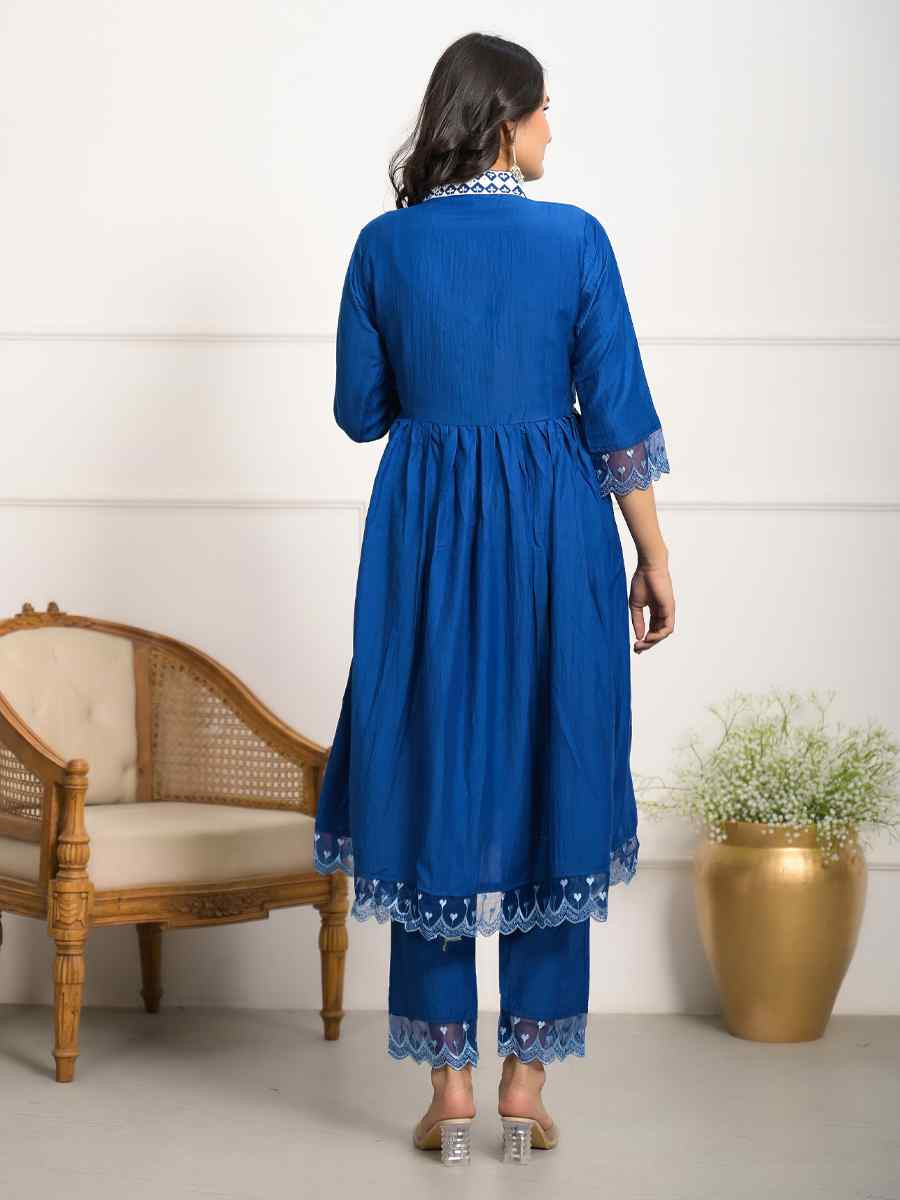 Dark Blue Viscose Embroidered Festival Wedding Pant Salwar Kameez