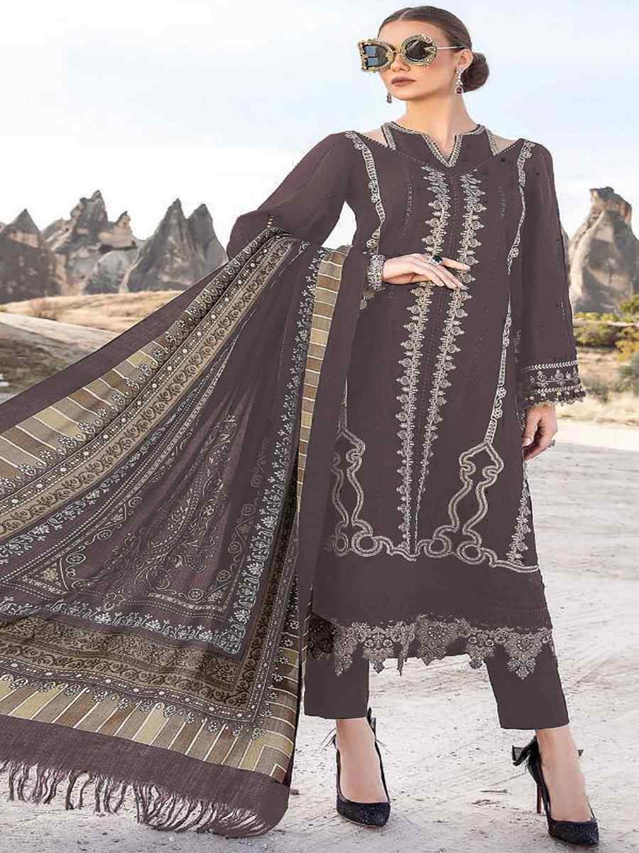 Dark Brown Faux Georgette Embroidered Festival Casual Pant Salwar Kameez