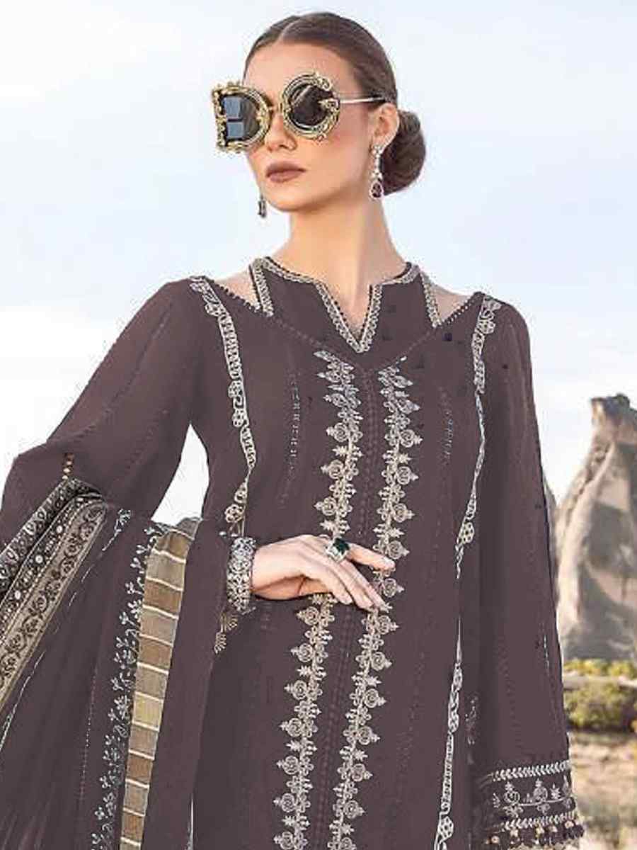 Dark Brown Faux Georgette Embroidered Festival Casual Pant Salwar Kameez