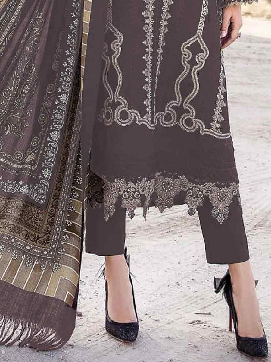 Dark Brown Faux Georgette Embroidered Festival Casual Pant Salwar Kameez