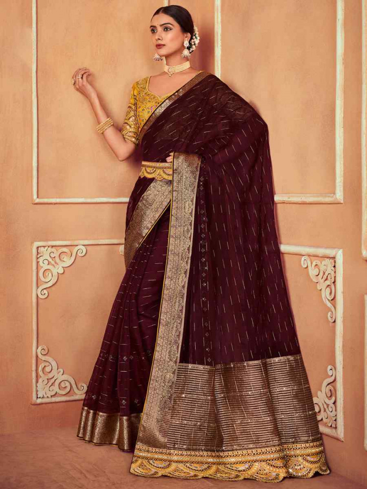 Dark Brown Silk Embroidered Reception Wedding Heavy Border Saree