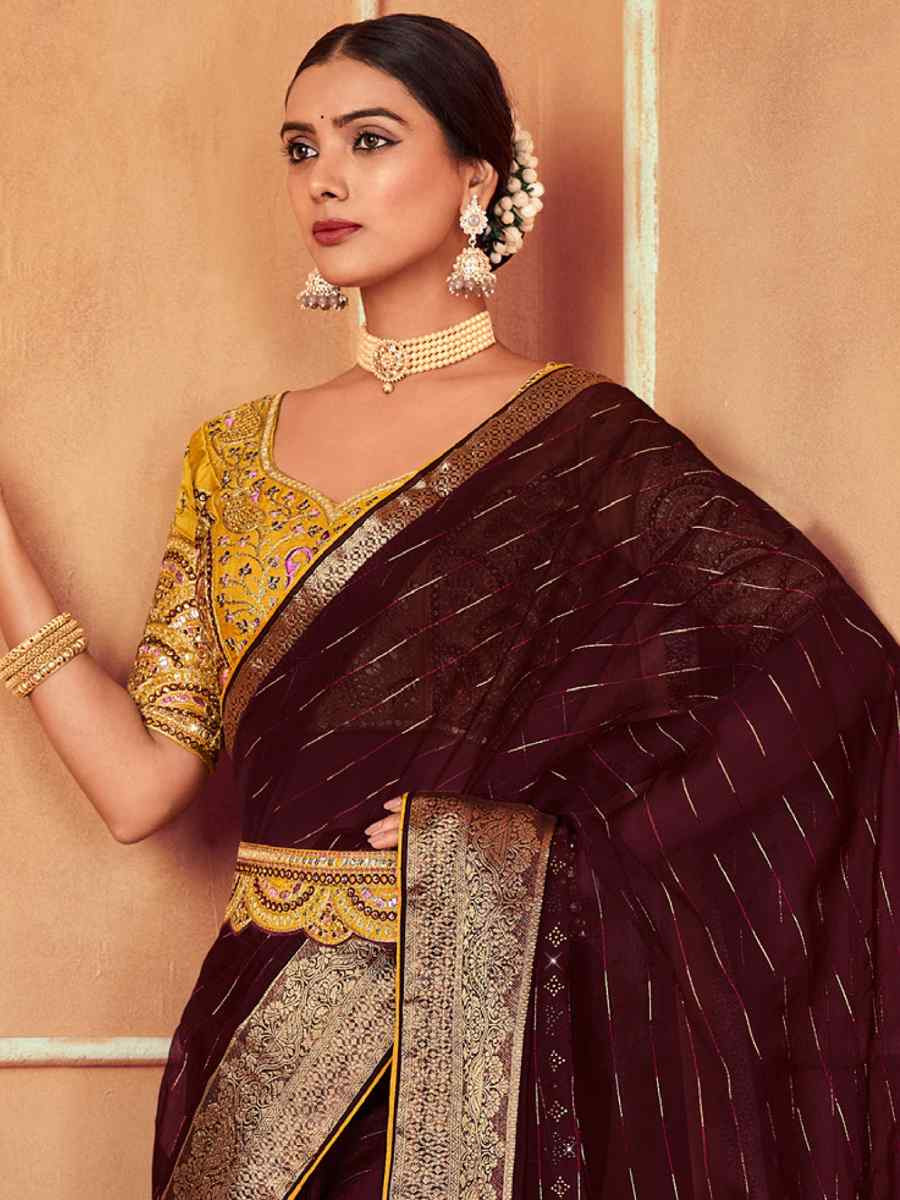 Dark Brown Silk Embroidered Reception Wedding Heavy Border Saree