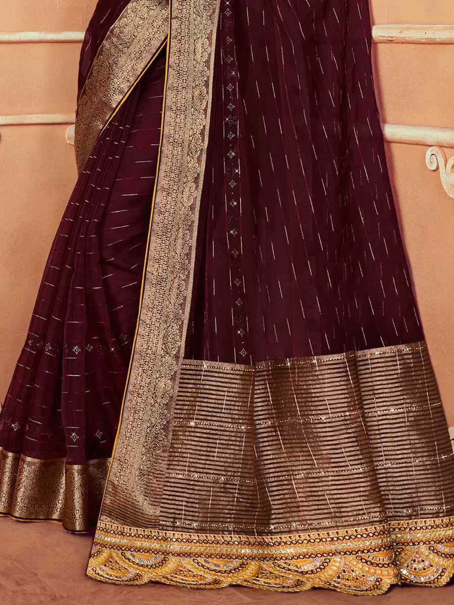 Dark Brown Silk Embroidered Reception Wedding Heavy Border Saree