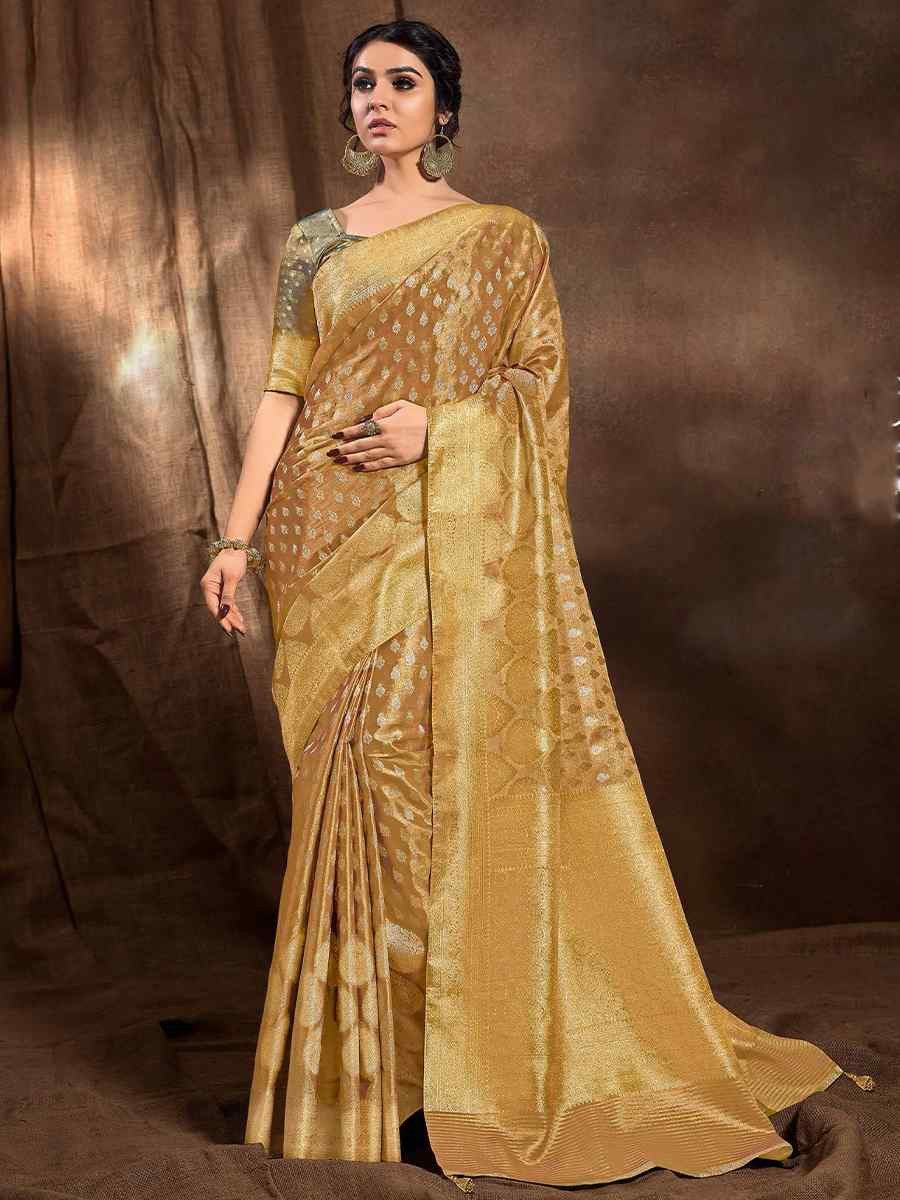 Dark Gold Silk Handwoven Festival Wedding Heavy Border Saree