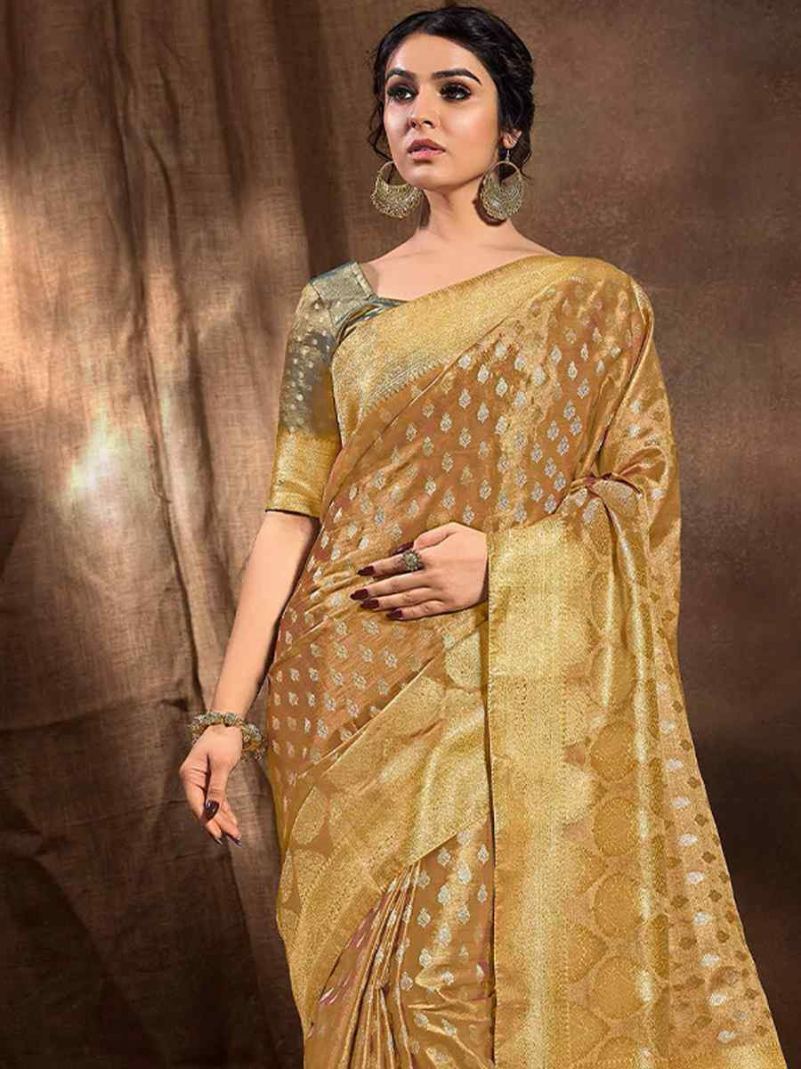 Dark Gold Silk Handwoven Festival Wedding Heavy Border Saree