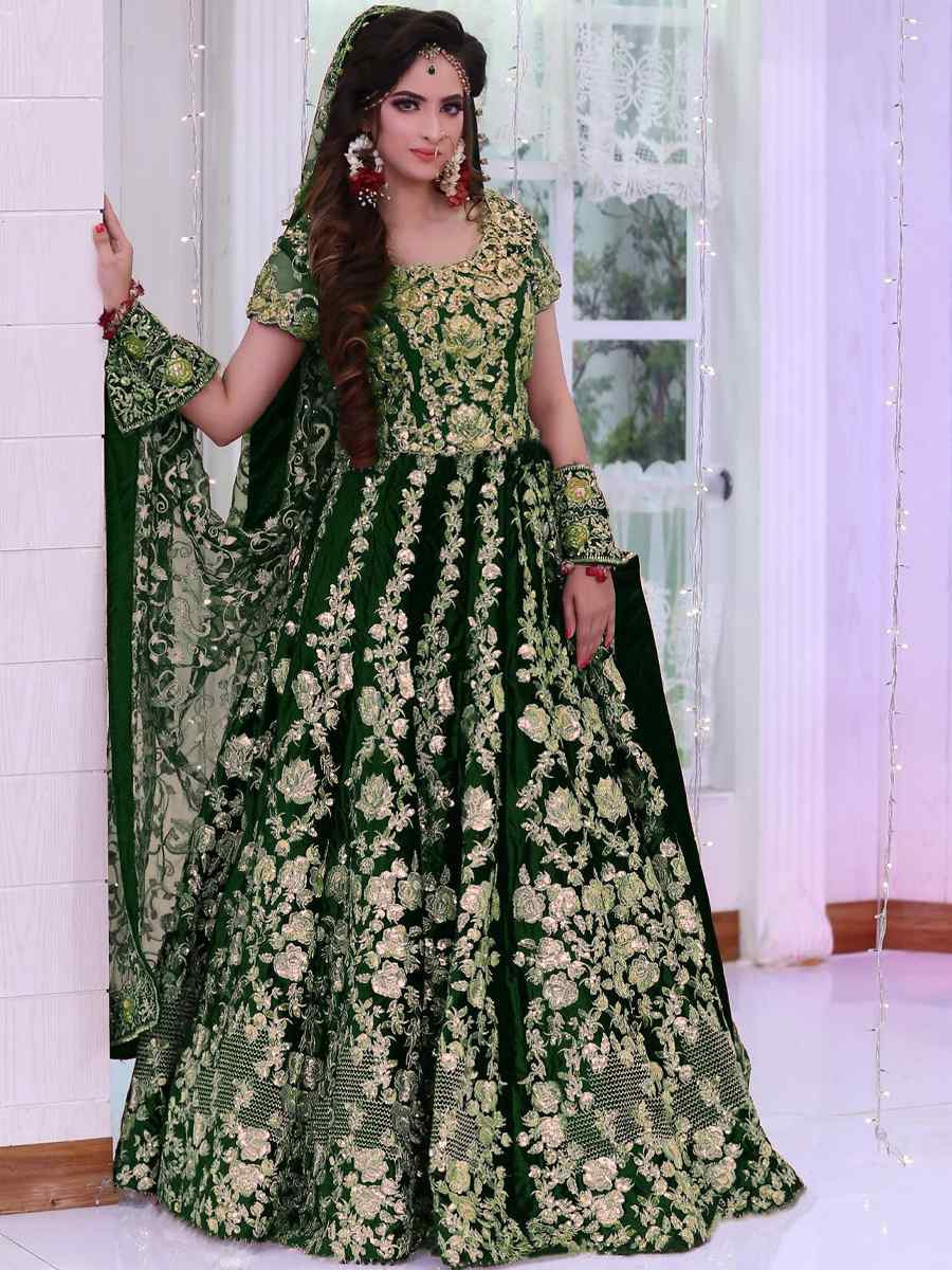 Dark Green 9000 Markable Velvet Embroidered Wedding Bridal Heavy Border Lehenga Choli