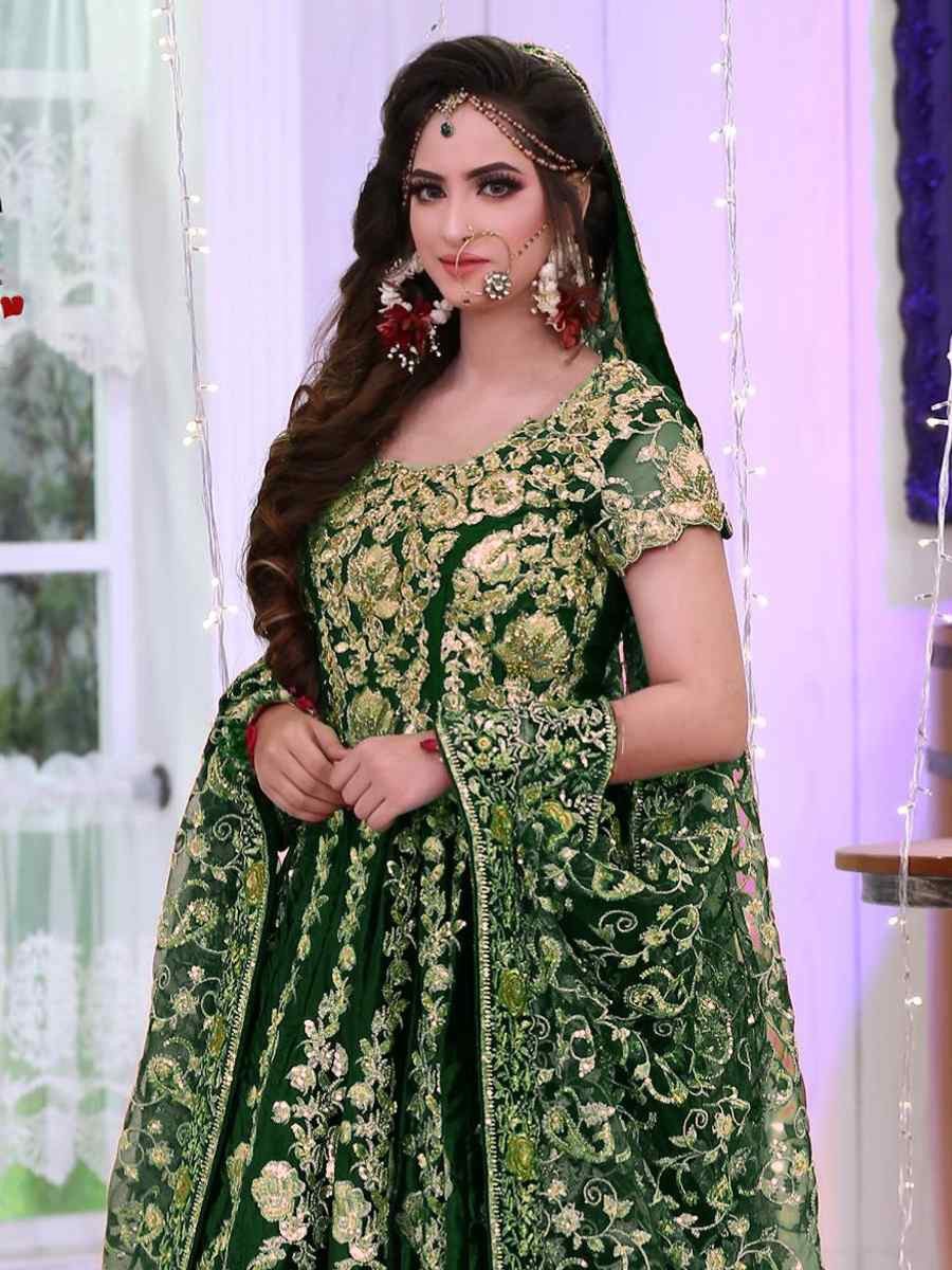 Dark Green 9000 Markable Velvet Embroidered Wedding Bridal Heavy Border Lehenga Choli