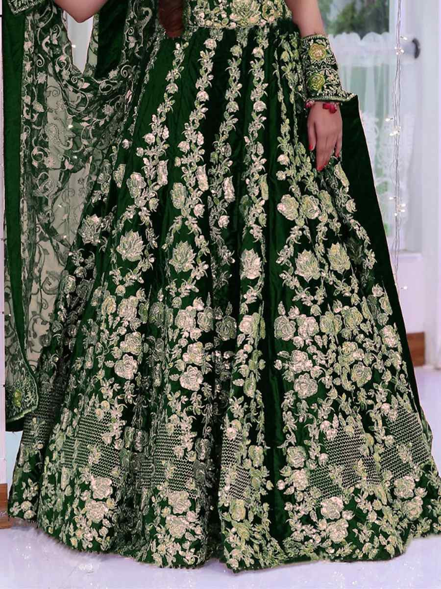 Dark Green 9000 Markable Velvet Embroidered Wedding Bridal Heavy Border Lehenga Choli