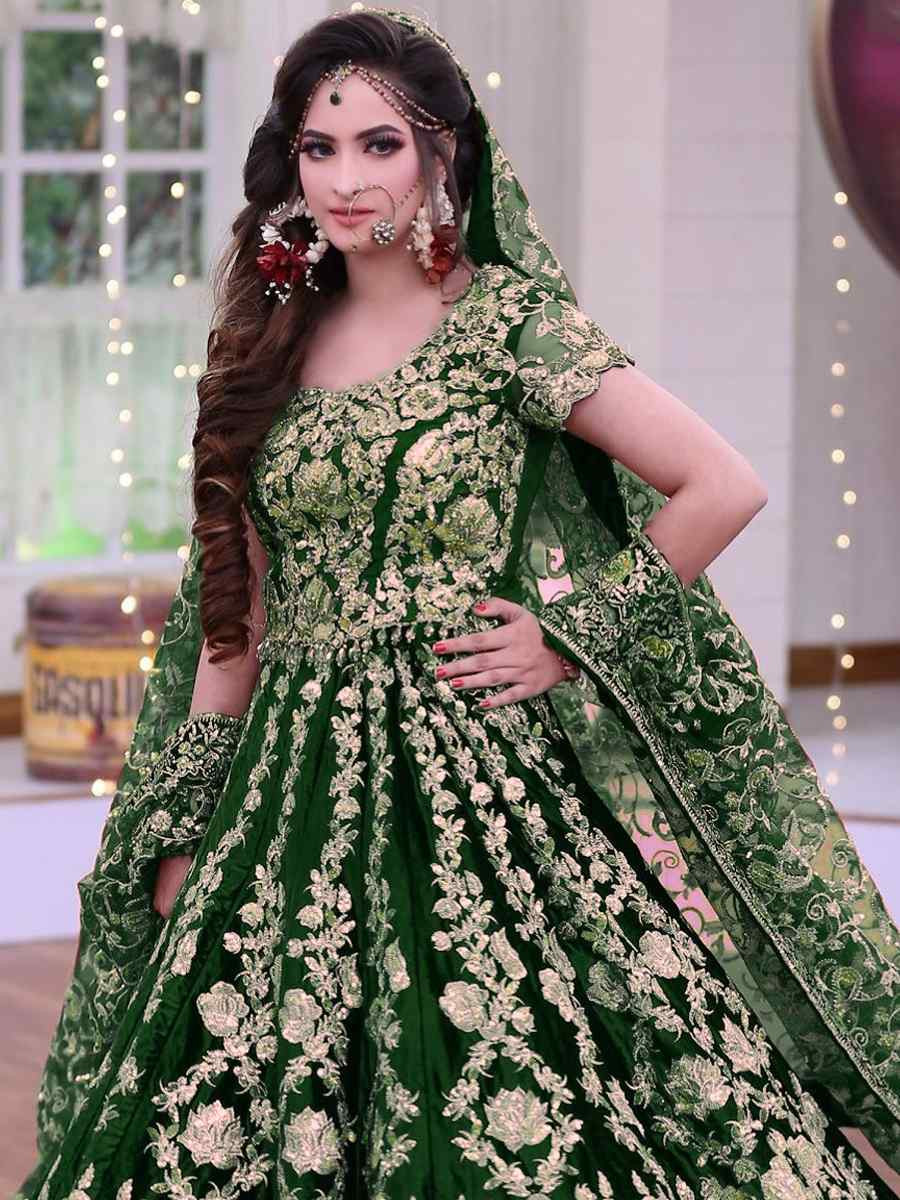 Dark Green 9000 Markable Velvet Embroidered Wedding Bridal Heavy Border Lehenga Choli