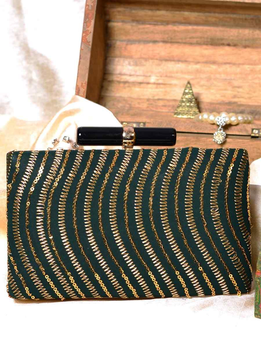 Dark Green Art Silk Party Wear Embroidered Clutches