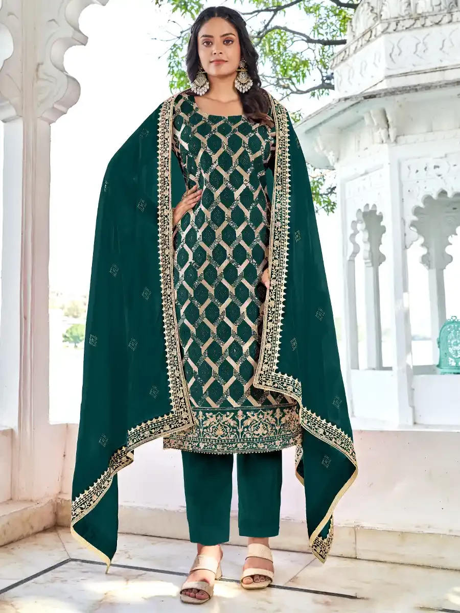 Dark Green Blooming Vichitra Embroidered Festival Wedding Pant Salwar Kameez