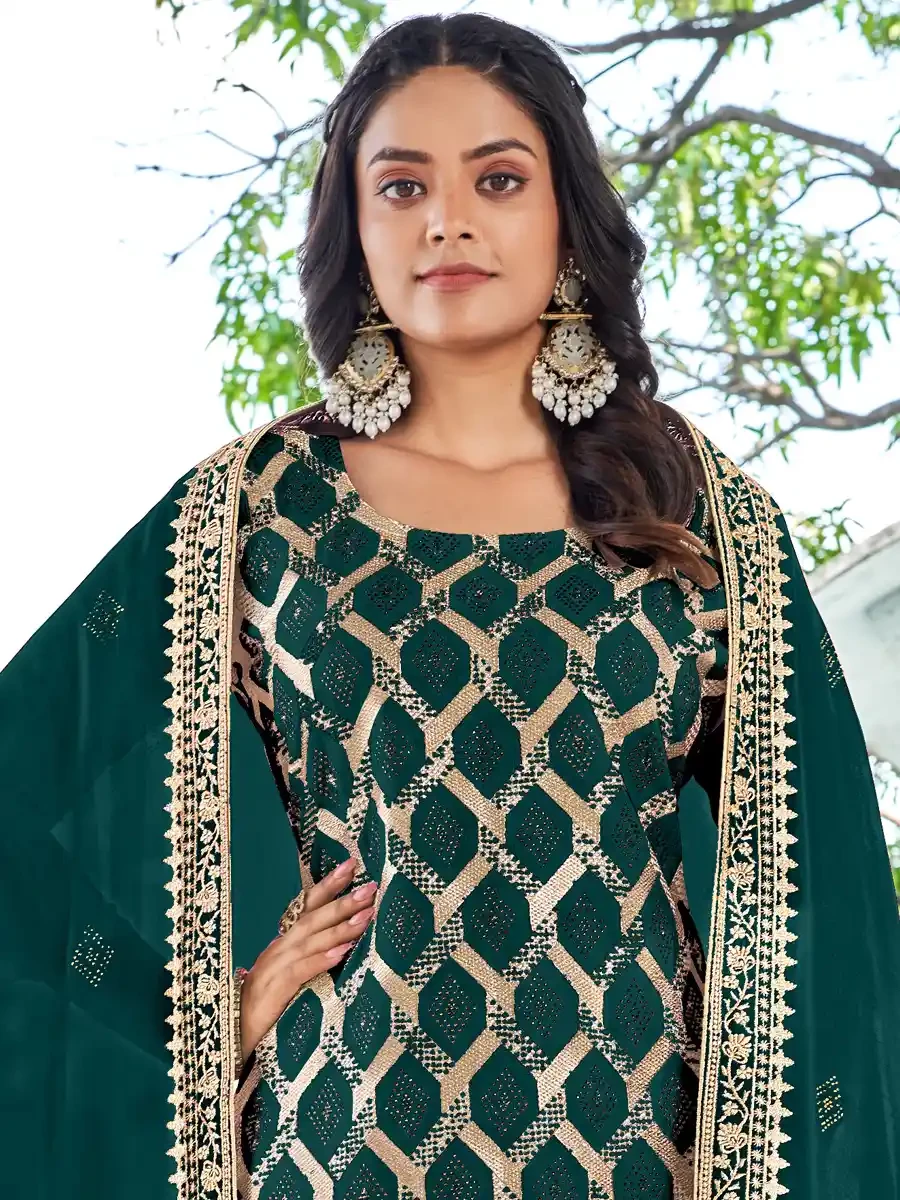 Dark Green Blooming Vichitra Embroidered Festival Wedding Pant Salwar Kameez