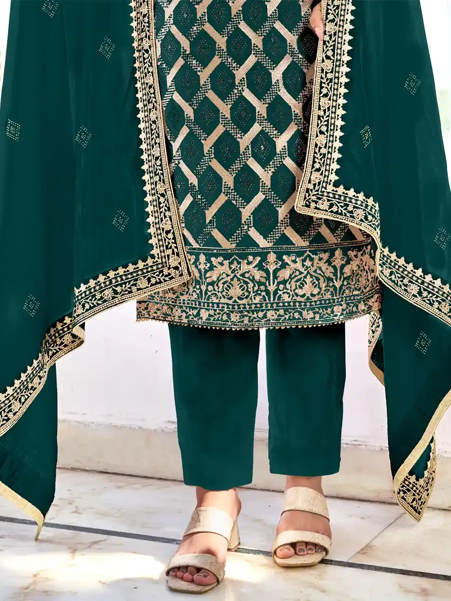 Dark Green Blooming Vichitra Embroidered Festival Wedding Pant Salwar Kameez