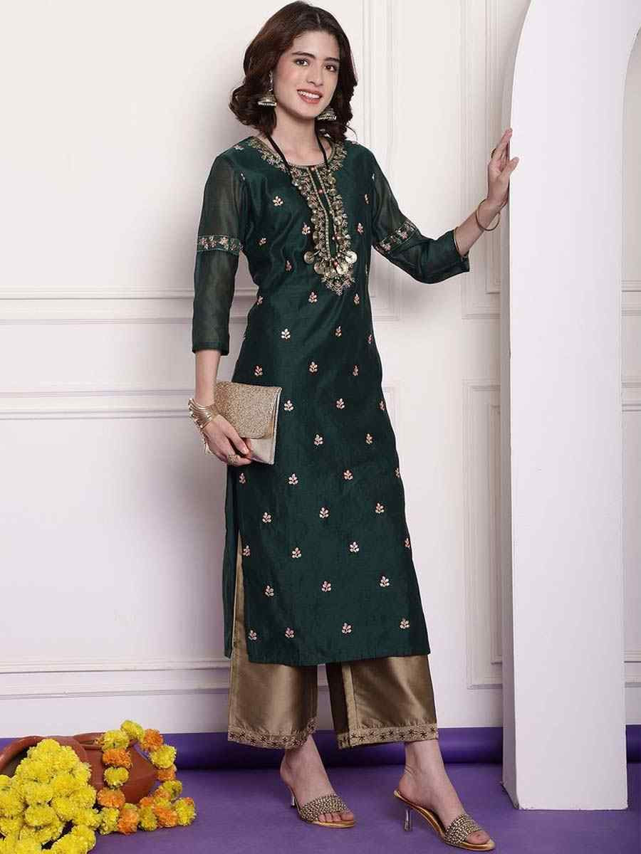 Dark Green Chanderi Embroidered Festival Casual Kurti