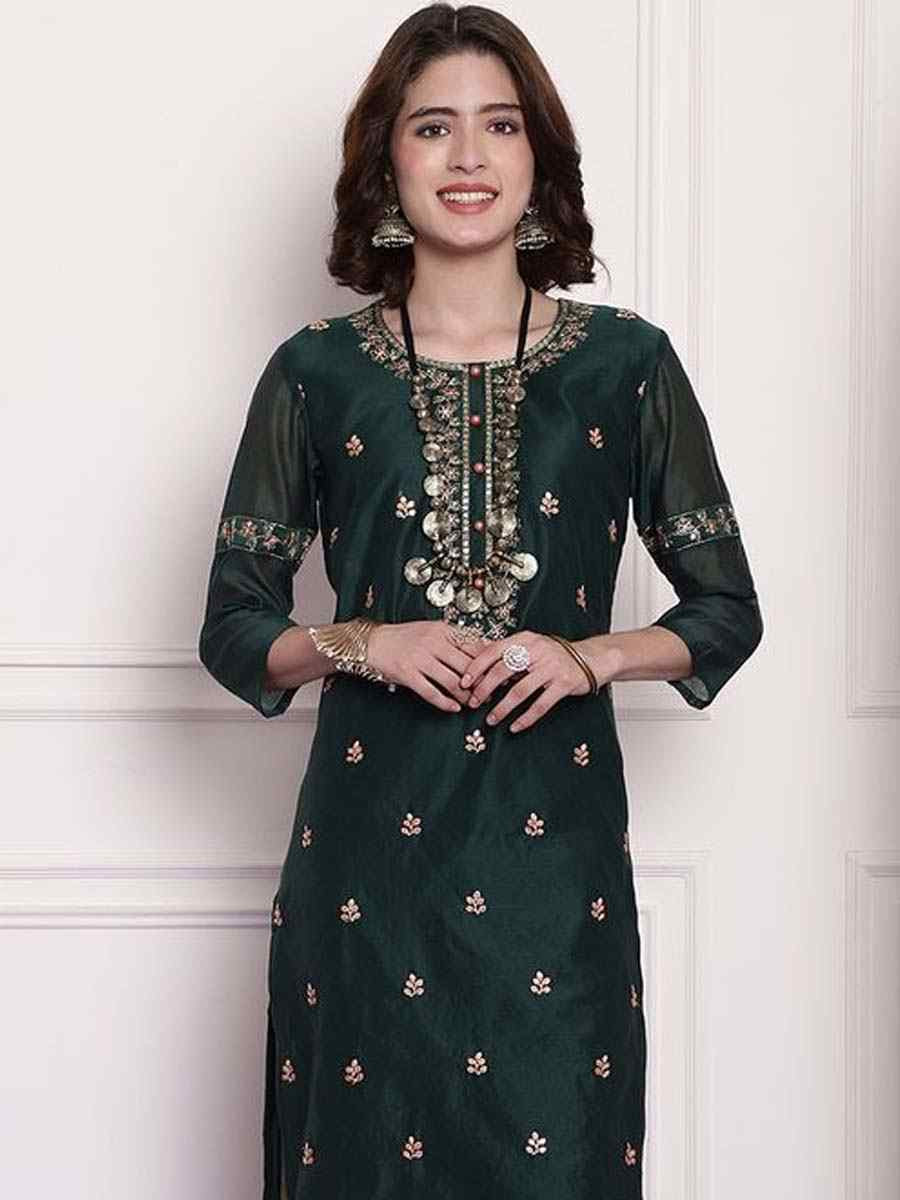 Dark Green Chanderi Embroidered Festival Casual Kurti