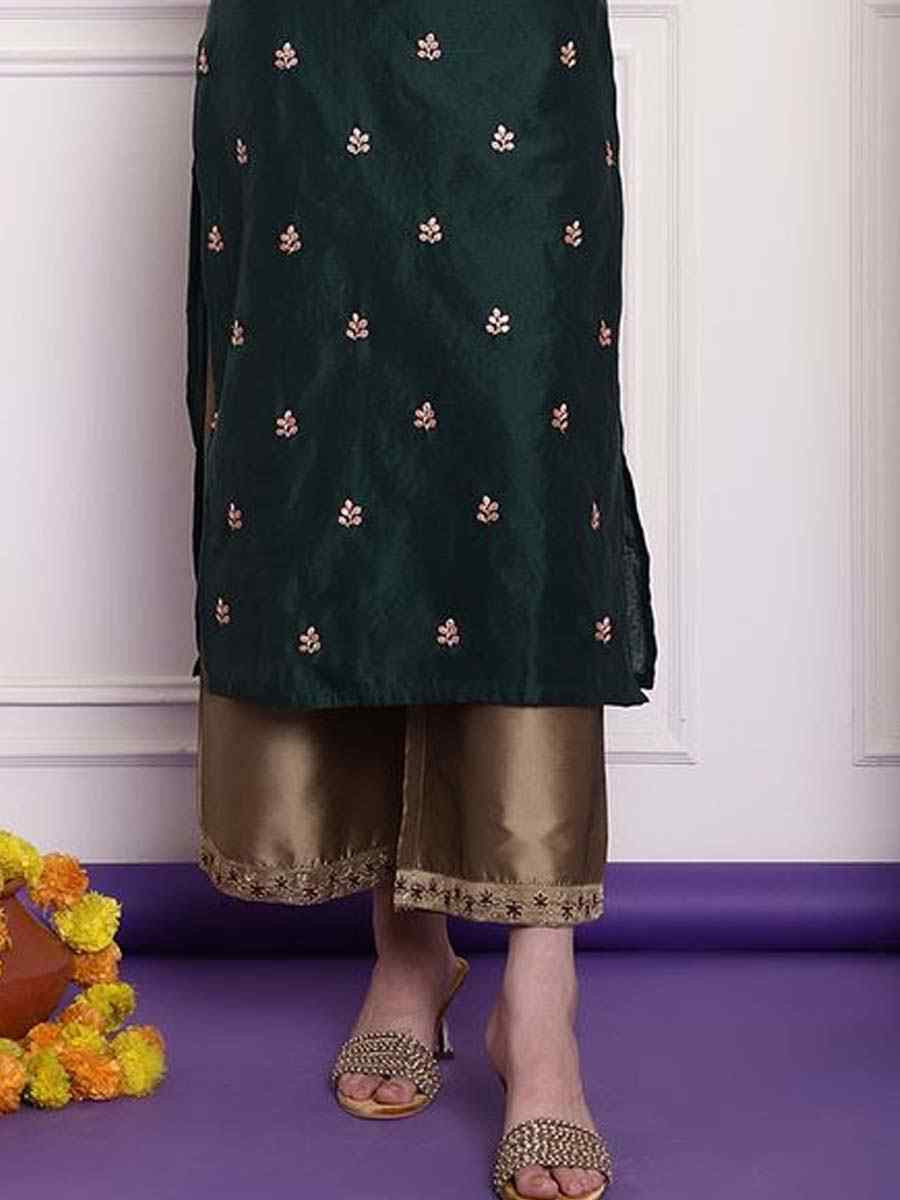 Dark Green Chanderi Embroidered Festival Casual Kurti