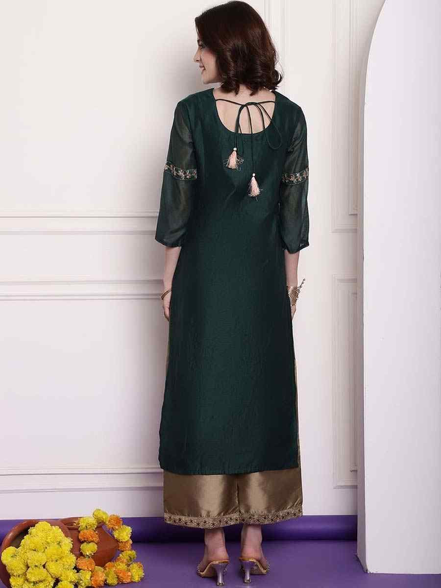 Dark Green Chanderi Embroidered Festival Casual Kurti