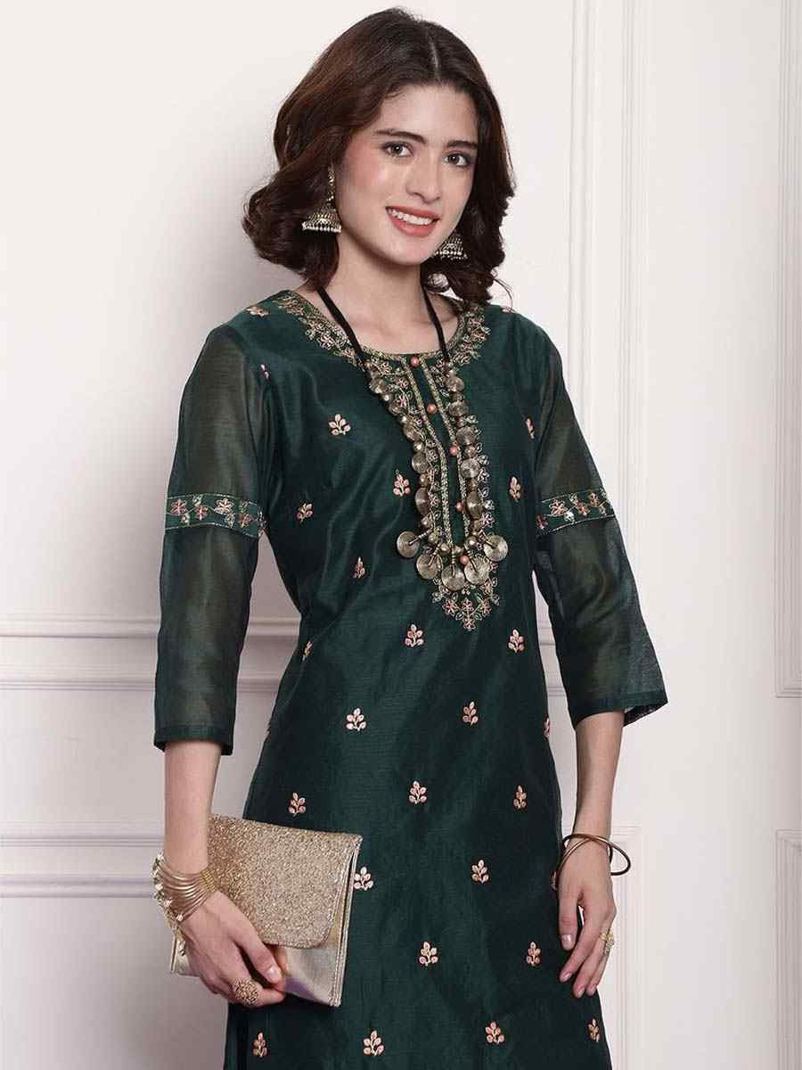 Dark Green Chanderi Embroidered Festival Casual Kurti