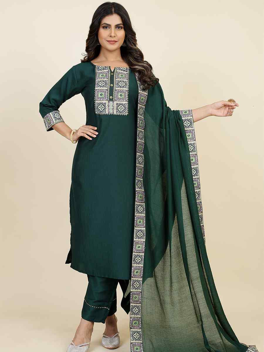 Dark Green Chinon Silk Embroidered Festival Casual Ready Pant Salwar Kameez